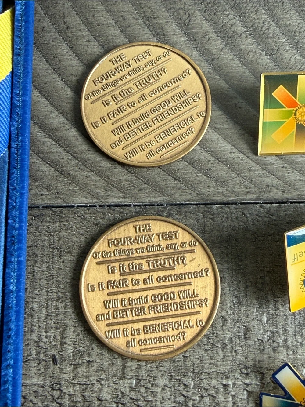 Rotary International Paul Harris Fellow Medal, 4-Way Test Coins, Misc Lapel Pins